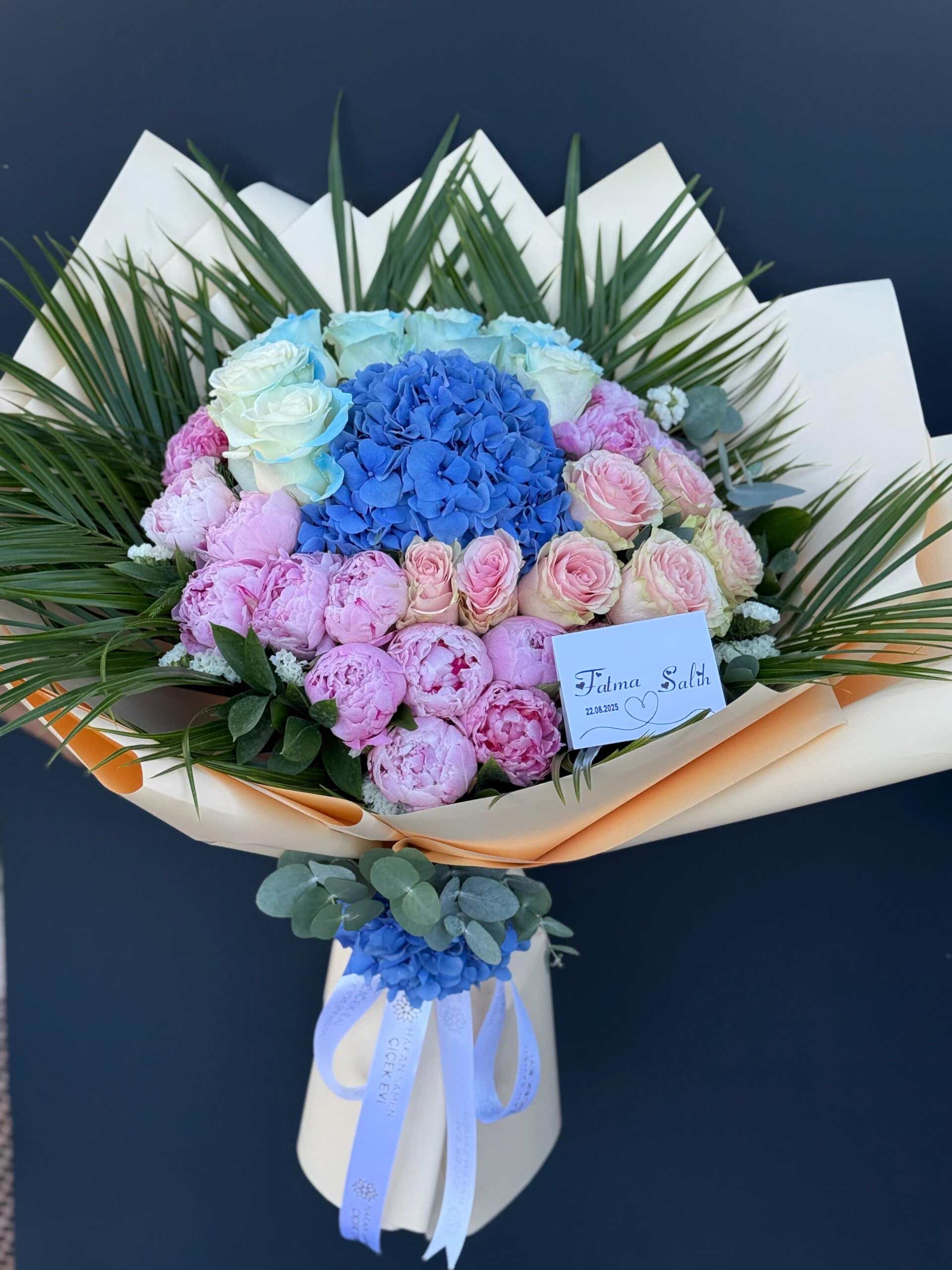Mavi Ortanca & Pembe Gül Buketi